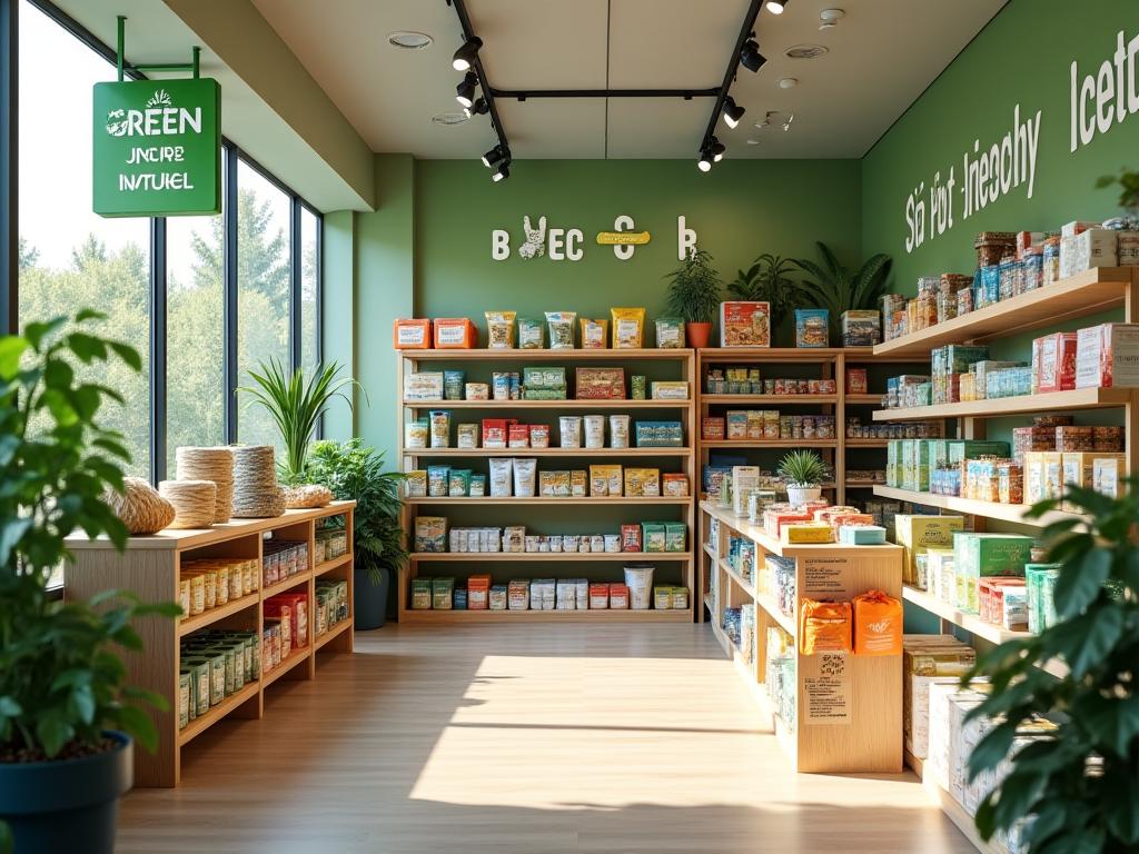 Sustainable pet products display at eco-friendly pet store